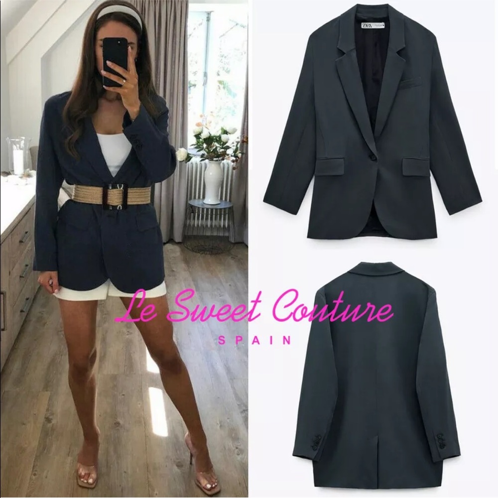 Zara OVERSIZED FLOWY BLAZER NAVY BLUE NEW